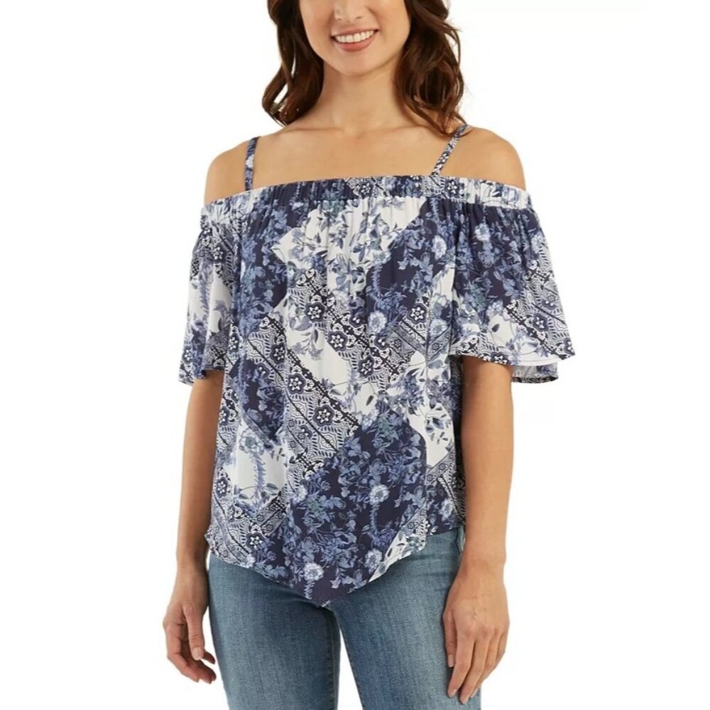BCX Shirt Small New Blue Off Shoulders Adjustable Straps Cottage